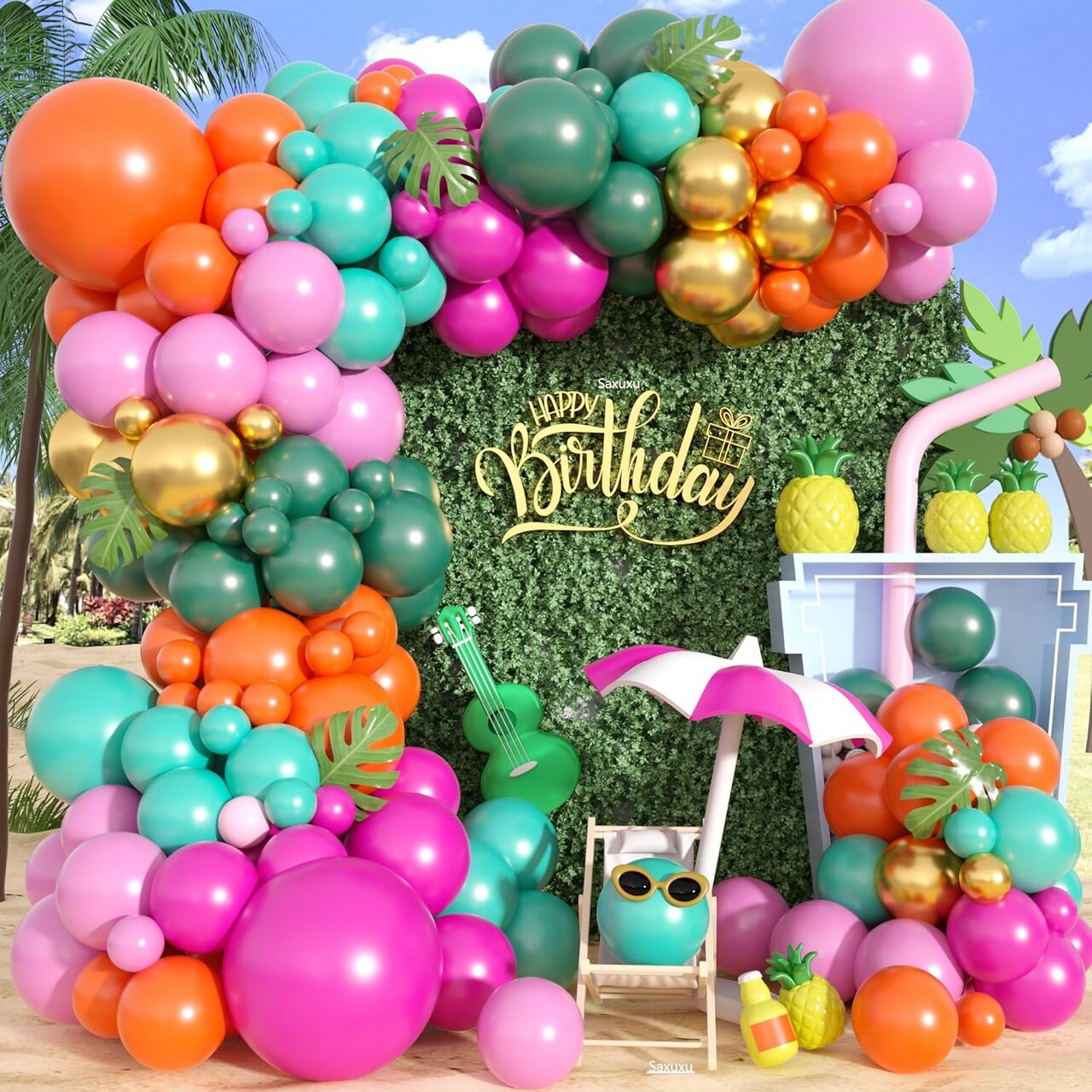 Tropical Balloons Arch Kit, Hawaiian Balloon Garland Arch Kit, Hot Pink Green Orange Balloon For Tropical Flamingo Hawaiian Summer Beach Theme Birthday Baby Shower Party Bachelorette Wedding Decor
